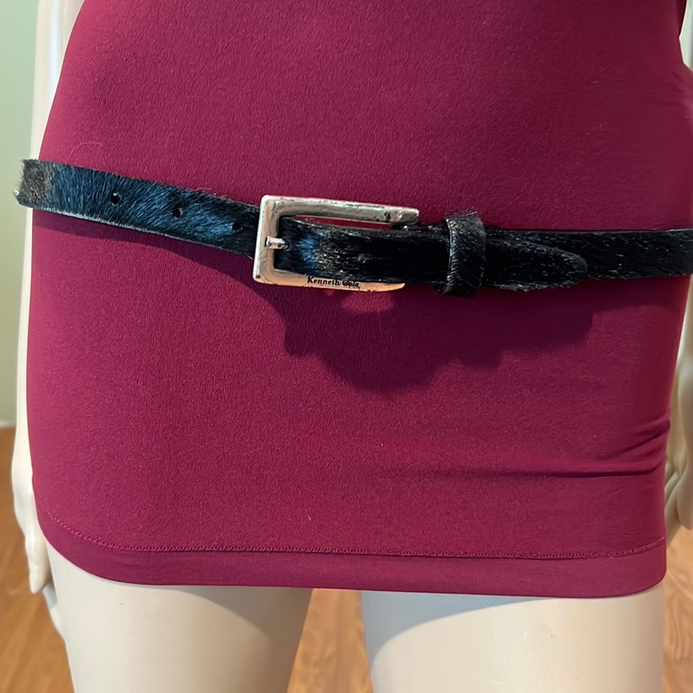 Kenneth Cole Vintage Black Leather And Calf Hair Skinny Belt W/ Silver Buckle L